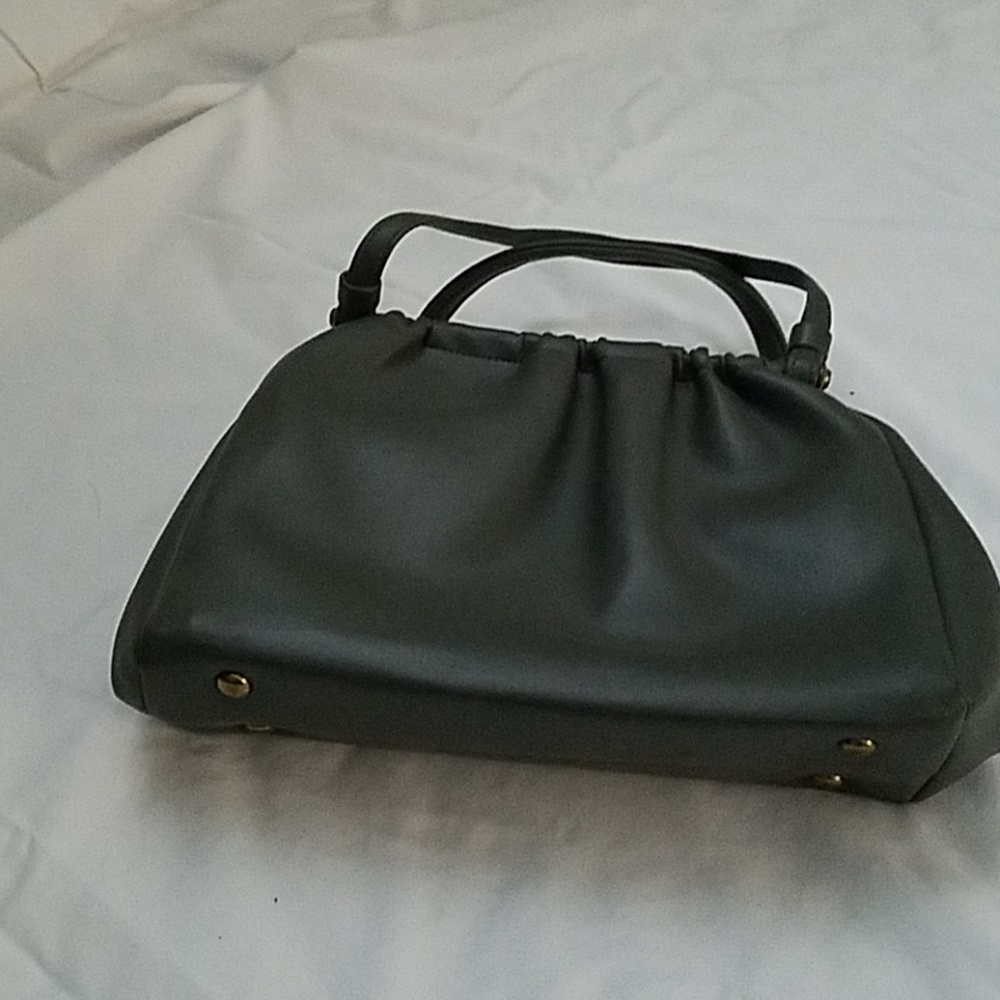 Retro Dark Grey Handbag with brass accents.